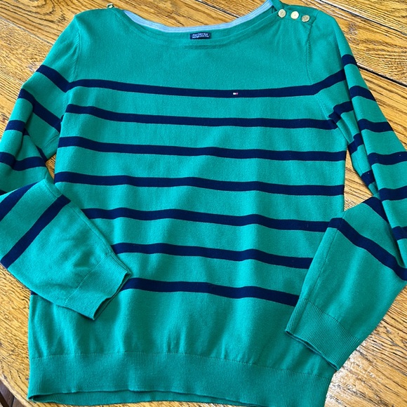 Tommy Hilfiger Sweaters - Tommy Hilfiger Pima Cotton sweater. Green/navy stripe gold buttons, Size Large.